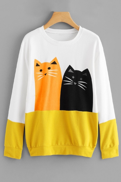 Color Block Cat Printed Round Neck Long Sleeve Sweatshirt
