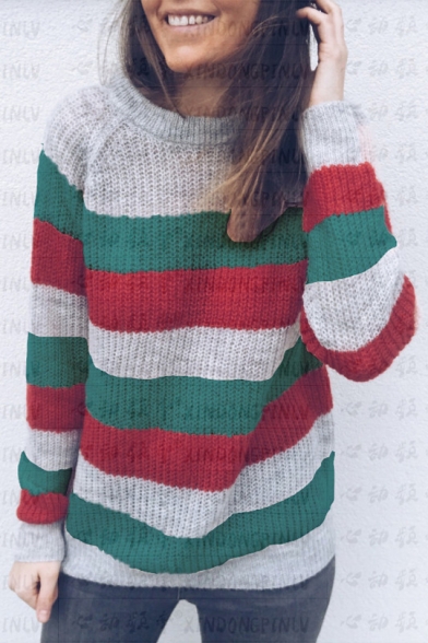 Color Block Striped Round Neck Long Sleeve Leisure Sweater