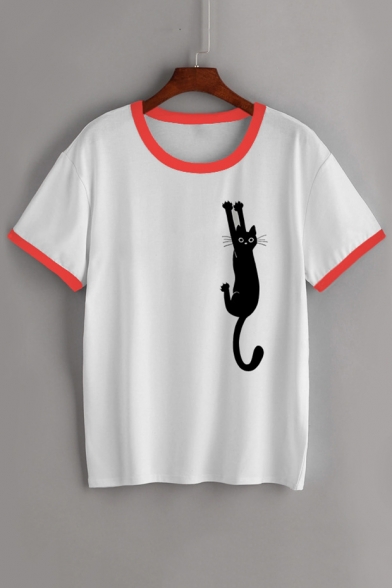 Cute Cat Printed Contrast Striped Round Neck Short Sleeve T-Shirt