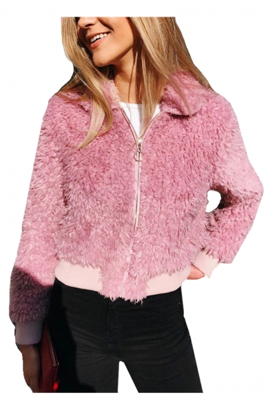 Faux Fur Collar Lapel Zipper Plain Coats