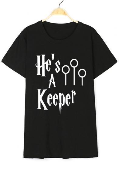 HE'S A KEEPER Letter Printed Round Neck Short Sleeve Tee