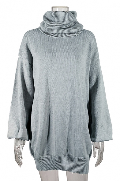 High Collar Lantern Sleeves Plain Mini Sweater Dress