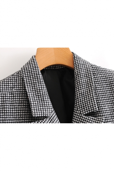Houndstooth Notched Lapel Collar Long Sleeve Tunic Blazer