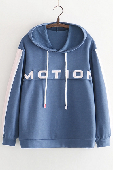 

Letter Printed Color Block Long Sleeve Casual Hoodie, Blue;white