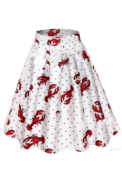 Lobster Spot Printed High Waist Midi A-Line Skirt