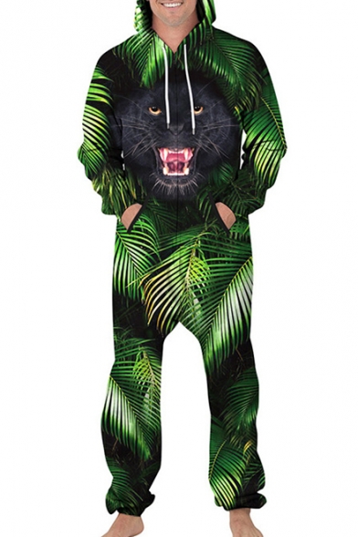 Palm Cat Printed Long Sleeve Unisex Hooded Jumpsuit