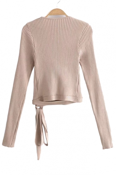 Plain V Neck Long Sleeve Wrap Front Ribbed Cropped Sexy Tee