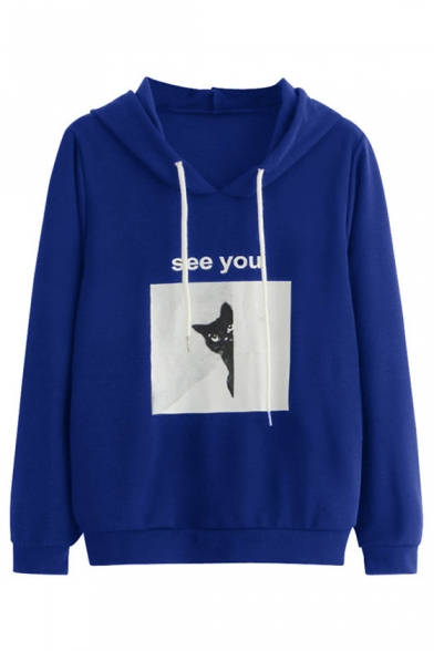 SEE YOU Letter Cat Print Long Sleeve Casual Hoodie
