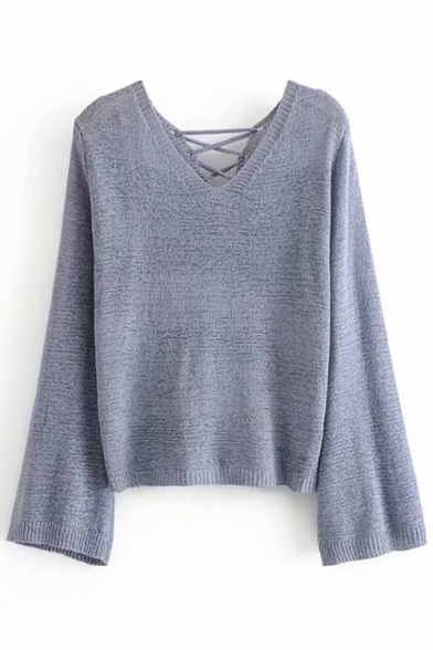 V Neck Plain Lace Up Back Long Sleeve Reversible Sweater