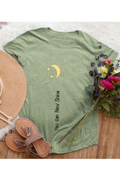 YOU CAN Letter Moon Printed Round Neck Short Sleeve T-Shirt