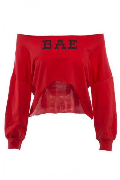 BAE Letter Print Off The Shoulder Long Sleeve Asymmetric Hem Cropped Sweatshirt