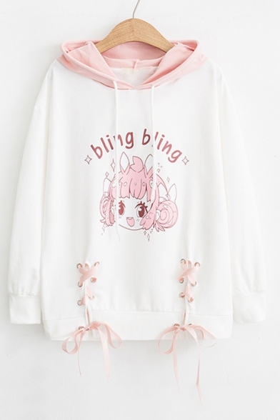 BLING BLING Letter Character Printed Contrast Hood Lace Up Hem Long Sleeve Hoodie