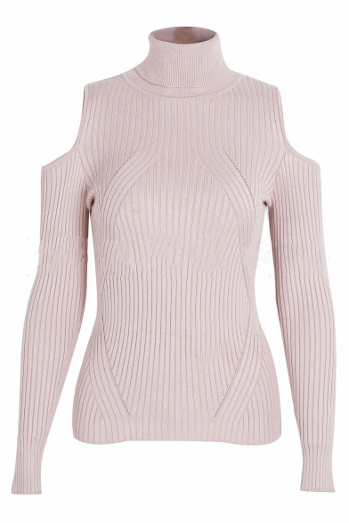 Cold Shoulder Turtleneck Long Sleeve Plain Slim Knit Sweater