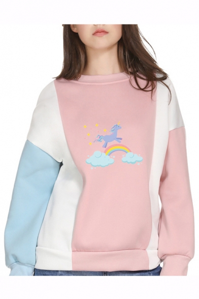 Color Block Rainbow Unicorn Printed Round Neck Long Sleeve Sweatshirt