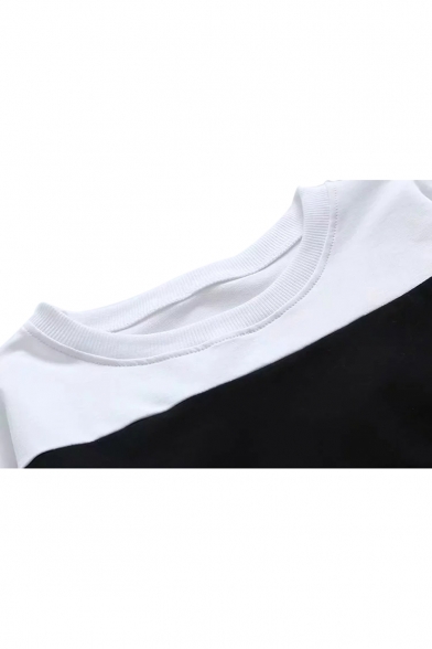 Color Block Round Neck Drawstring Hem Long Sleeve Cropped Sweatshirt