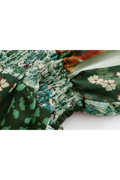 Contrast Floral Printed Long Sleeve Elastic Waist Midi A-Line Dress
