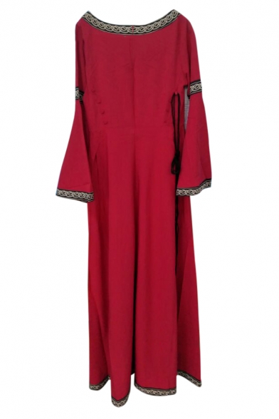 Contrast Trim Round Neck Flare Sleeve Slim Maxi A-Line Dress