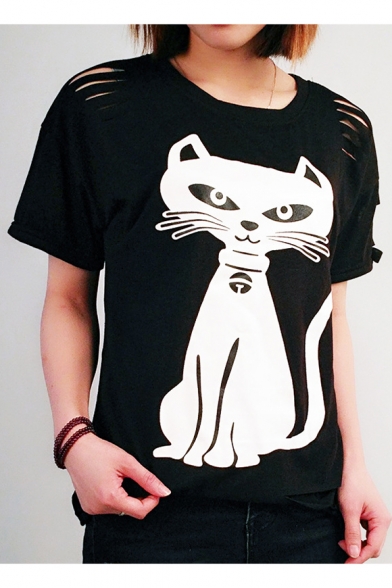 Cut Out Detail Cat Printed Round Neck Short Sleeve Tee