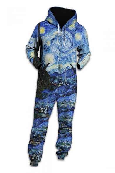 Famous Painting Printed Long Sleeve Hooded Jumpsuit