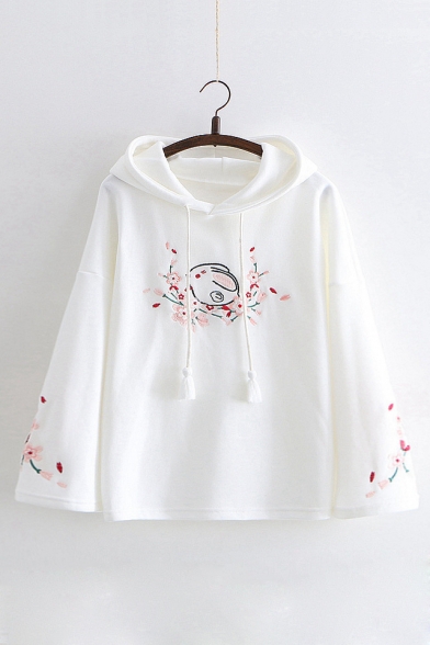 Floral Rabbit Embroidered Loose Long Sleeve Hoodie