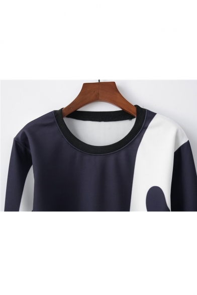 Lovely Color Block Panda Printed Round Neck Long Sleeve Cropped Sweatshirt
