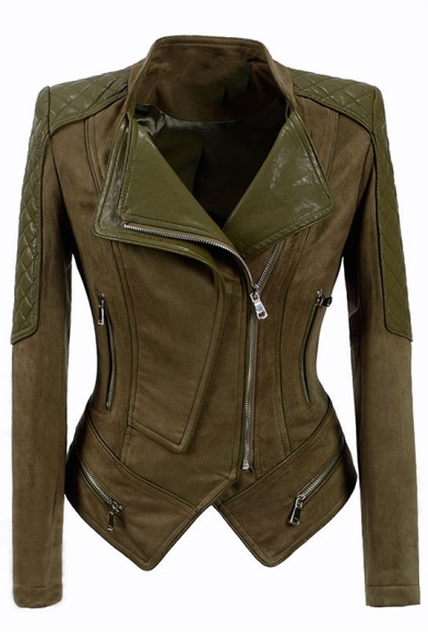 Offset Zip Closure Suede Patchwork Lapel Collar Long Sleeve Slim Cropped Leather Jacket