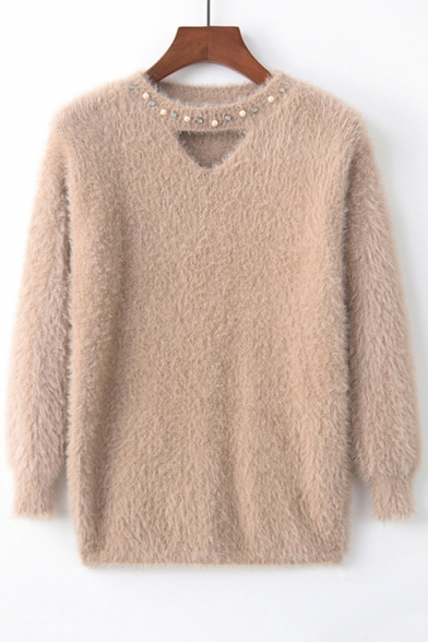 Pearl Diamante Round Neck Hollow Out Front Long Sleeve Faux Cashmere Sweater