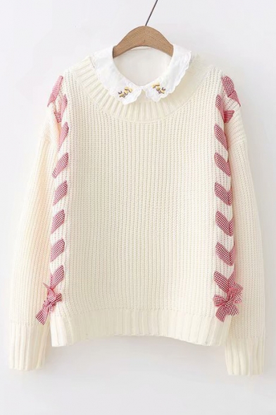 Plaid Straps Lace-Up Front Round Neck Long Sleeve Sweater