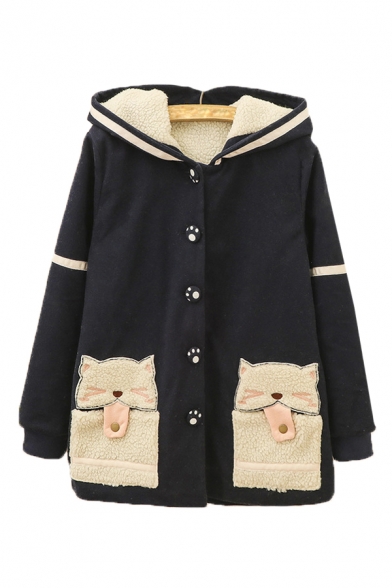 Sherpa Cat Pattern Patch Pocket Long Sleeve Button Front Hooded Coat