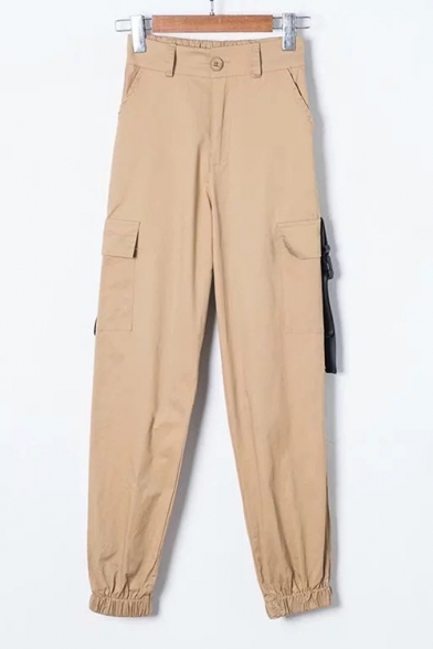 Straps Embellished Cargo Pockets Elastic Waist Plain Leisure Pants