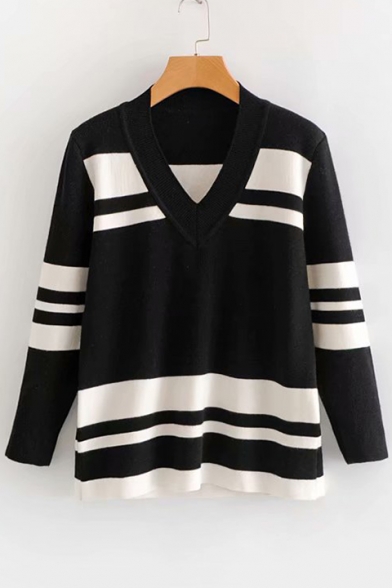 V Neck Contrast Striped Long Sleeve Loose Sweater