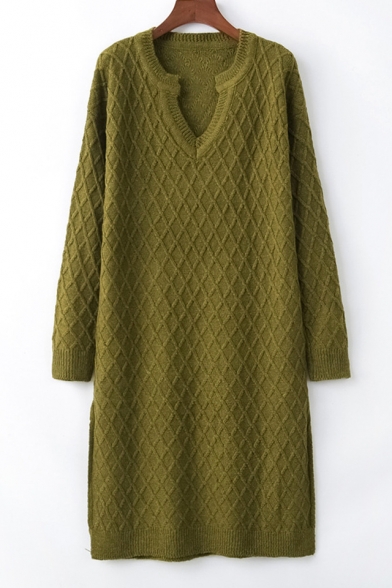 V Neck Plain Long Sleeve Split Side Midi Sweater Dress