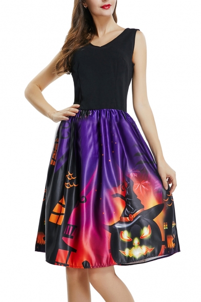 V Neck Sleeveless Contrast Pumpkin Castle Print Midi A-Line Dress