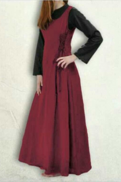 Vintage Round Neck Sleeveless Lace Up Detail Plain Maxi A-Line Dress