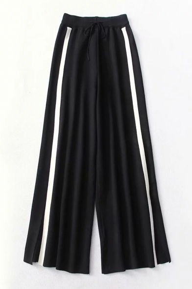 Wide Leg Drawstring Waist Knit Contrast Striped Leisure Pants