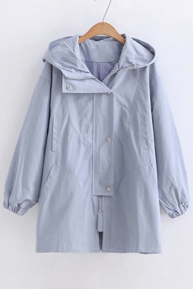 Zip Up Long Sleeve Plain Trench Hooded Coat