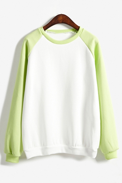 Basic Color Block Raglan Sleeves Round Neck Pullover Sweatshirt