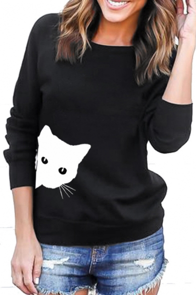 Cat Print Round Neck Long Sleeve Casual Pullover Sweatshirt