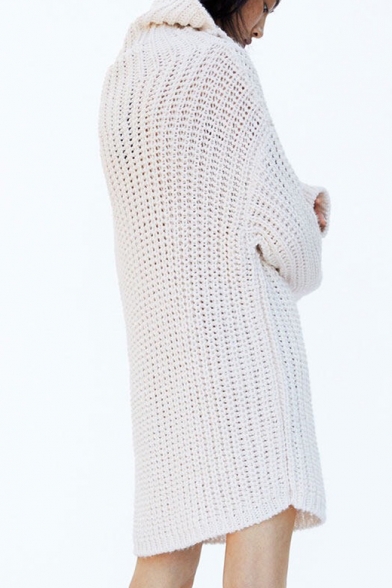 Chic High Neck Long Sleeve Plain Midi Sweater Dress
