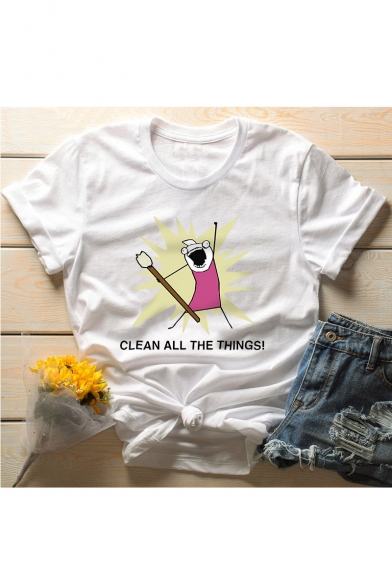 CLEAN ALL Letter Cartoon Printed Round Neck Short Sleeve T-Shirt