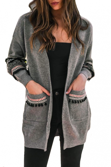 Collarless Open Front Contrast Trim Patch Long Sleeve Pom Pom Embellished Cardigan