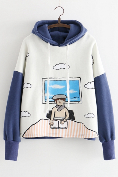 Color Block Cloud Character Embroidered Long Sleeve Hoodie