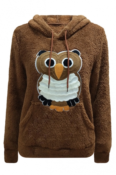 Cute Owl Applique Long Sleeve Plush Warm Hoodie