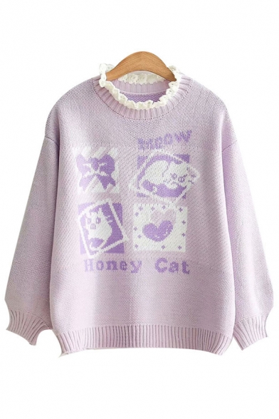 HONEY CAT Letter Animal Jacquard Crochet Patched Round Neck Long Sleeve Sweater