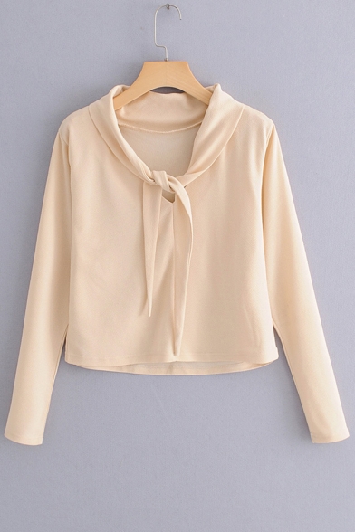 Knotted Collar Reversible Plain Long Sleeve Cropped Blouse