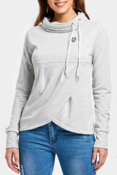 Leisure Print Long Sleeve Asymmetric Hem Drawstring Mock Neck Sweatshirt