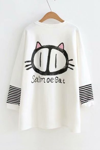 Letter Cat Fish Bone Print Round Neck Contrast Striped Long Sleeve Dip Hem Tunic Sweatshirt