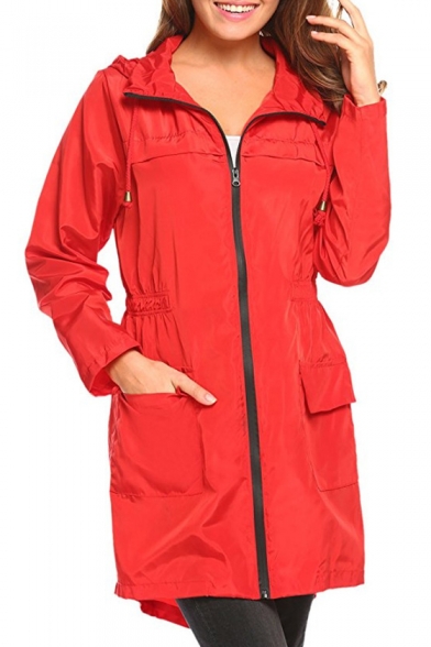 Plain Long Sleeve Zip Up Tunic Hooded Raincoat