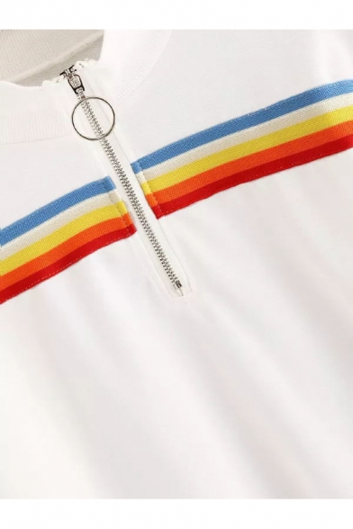 Retro Rainbow Striped Patched High Neck Zipper Front Long Sleeve Sweatshirt