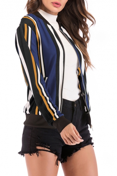 Stand Up Collar Color Block Striped Long Sleeve Zip Closure Jacket